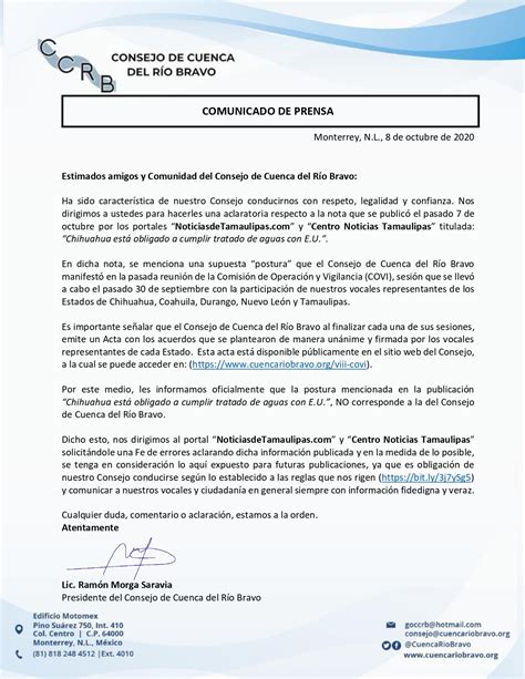 Comunicado de Prensa Fe de errores Consejo de Cuenca del Río Bravo