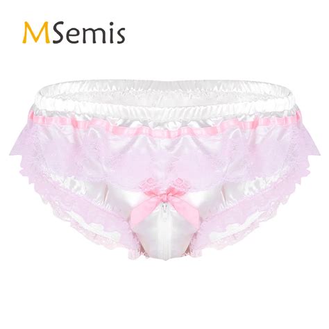 Mens Lingerie Sissy Underwear Shiny Soft Satin Lingerie Underpants Ruffled Floral Lace Zipper