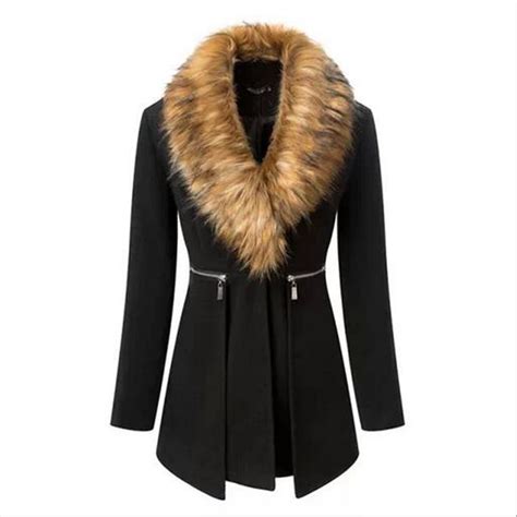 New Winter Women Double Sided Woolen Coat With Fur Collar Casual Slim