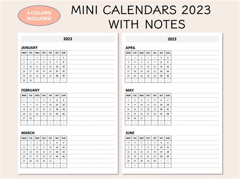 Printable Mini Monthly Calendars 2023 Yearly Instant Download Etsy
