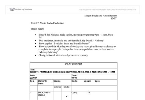 Sample Radio Script A Level Media Studies Marked By