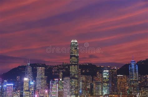 Skyline Of Downtown District Of Hong Kong City At Dusk Stock Image