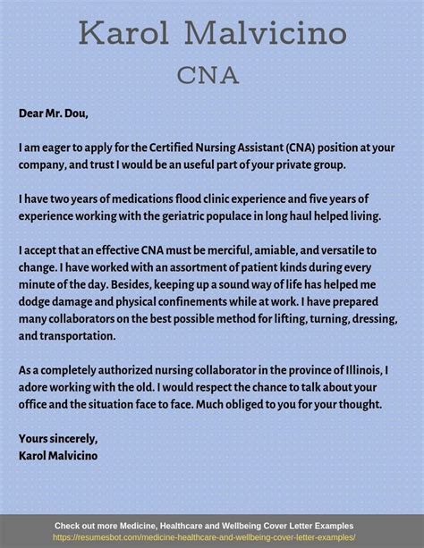 Examples of cna tasks include helping patients with hygiene, serving meals, administering medicines, ensuring patient comfort, maintaining records, maintaining patient information confidentiality, implementing hospital policies, and improving job knowledge. Certified Nursing Assistant Cover Letter Samples ...