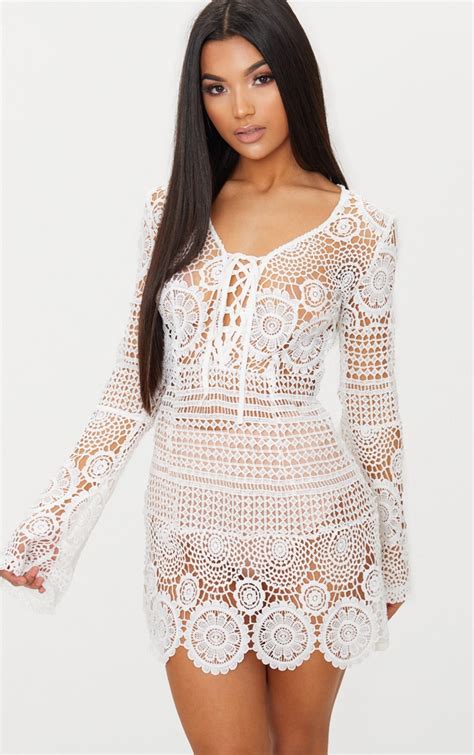 White Tie Front Crochet Lace Bodycon Dress ...