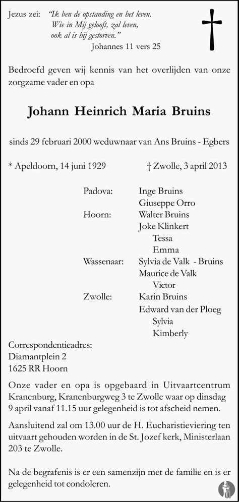 Johann Heinrich Maria Bruins 03 04 2013 Overlijdensbericht En