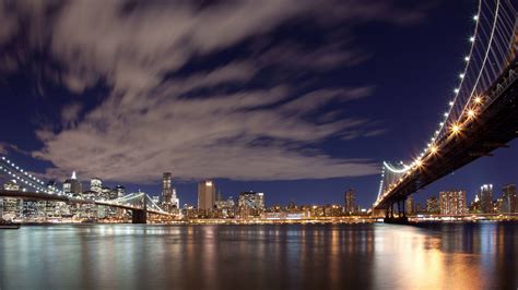 배경 화면 뉴욕 조명 다리 강 고층 건물에서 밤 2560x1440 Qhd 그림 이미지