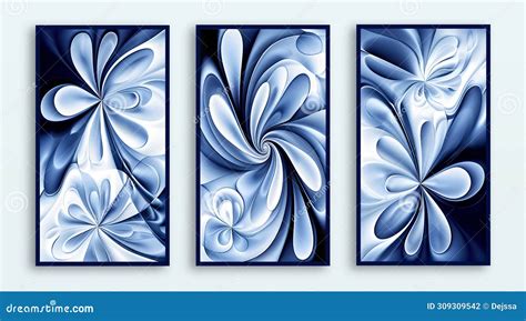 Three Abstract Blue Floral Posters Set, in the Style of Optical Art