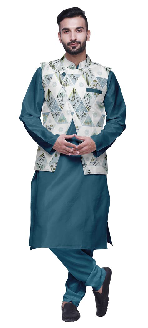 Atasi Indian Long Kurta Men Solid Kurta Pajama With Printed Nehru Jacket Set