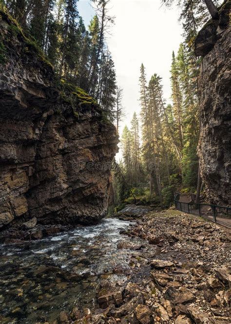 Johnston Canyon With Stream Flowing In Rock Cliff At Banff National