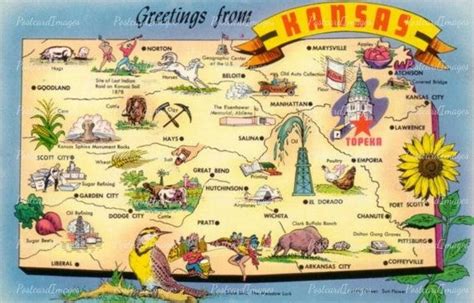 Greetings From Kansas Map Postcard Digital Image By Postcardimages