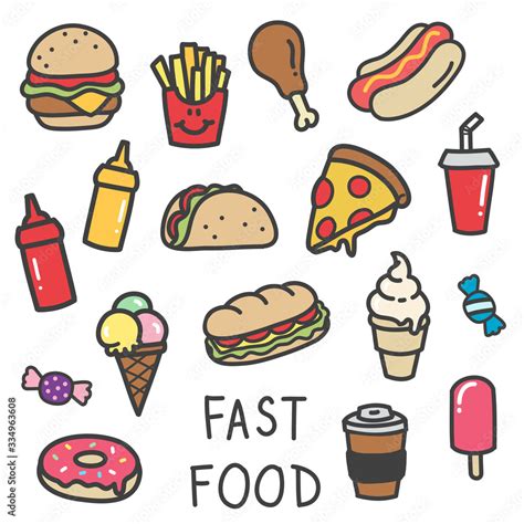 Set Of Cute Cartoon Doodle Style Fast Food Icons Illustration เวกเตอร์