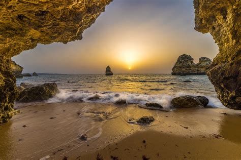 Nature Landscape Cave Beach Sunrise Rock Sea Sand Horizon Portugal Wallpapers Hd