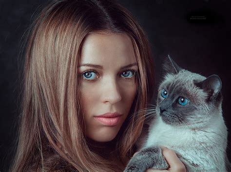 Hd Wallpaper Women Model Face Portrait Cat Brunette Blue Eyes Mammal Wallpaper Flare