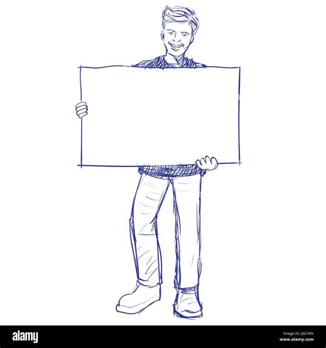 Man Holding Blank Board Holds A Placard The Man Holding A White Poster Hand Drawn Vector