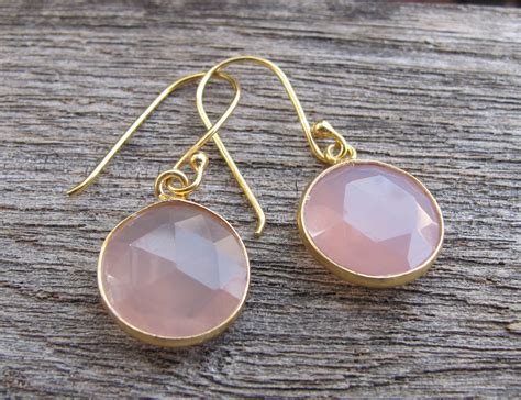Pink Chalcedony Round Drop Earring Simple Pink Gemstone Dangle Earring
