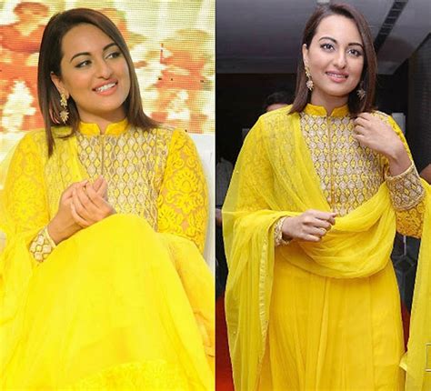 Bollywood Actress Saree Collections Sonakshi Sinha In Yellow Lucknowi Long Frock Churidar