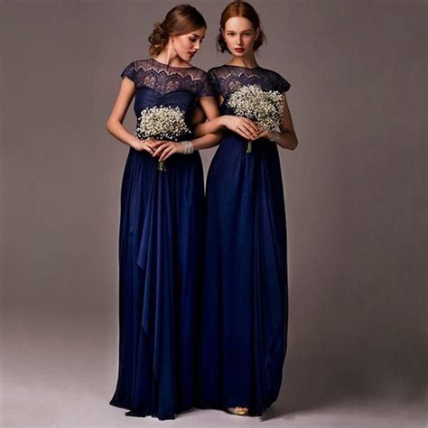 Long Bridesmaid Dress Navy Blue Bridesmaid Dress Lace Sleeves