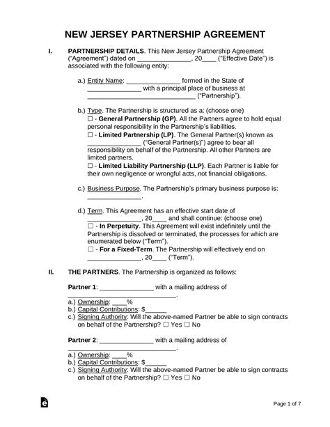 Free New Jersey Partnership Agreement Template PDF Word EForms