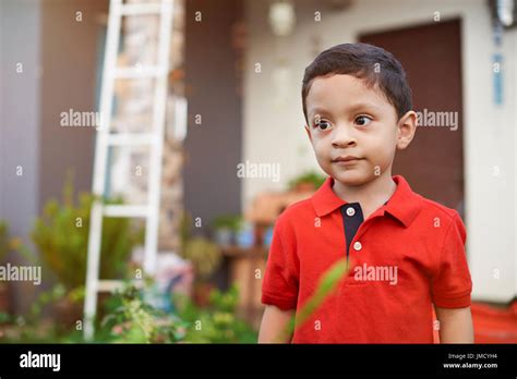 Curious Little Latino Boy Kid On House Garden Stock Photo Alamy