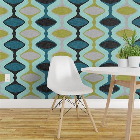 Mid Century Modern Wallpaper 60s Ogee Stripe By Etsy Aqua Wallpaper