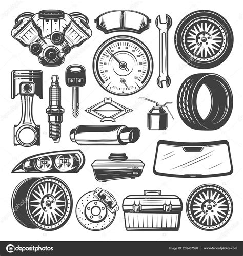 Car Spare Parts And Instruments Vector Sketch Set Stock Vector Image By