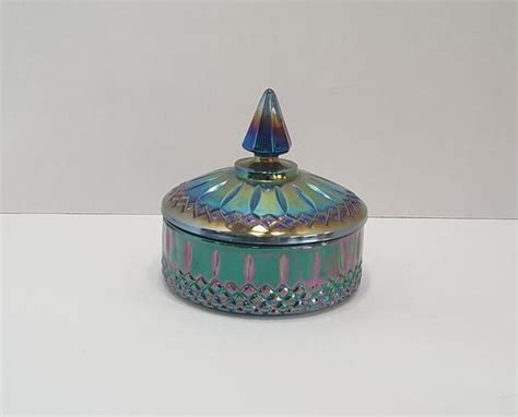 Vintage Blue Carnival Glass Covered Candy Dish With Spike Lid Etsy Blue Carnival Glass