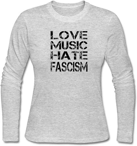 Muaikeji Women Love Music Hate Fascism Long Sleeve T Shirt Amazones