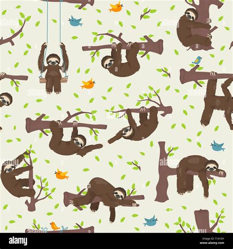 Funny Cartoon Sloths Hanging From The Trees Seamless Pattern Vector