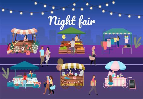 Night Street Fair Flat Vector Illustration Outdoor Market Stalls