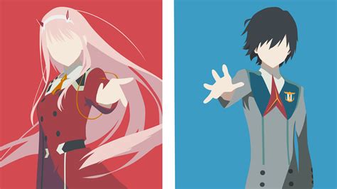 Darling In The Franxx Zero Two On Red Background Hiro On Blue