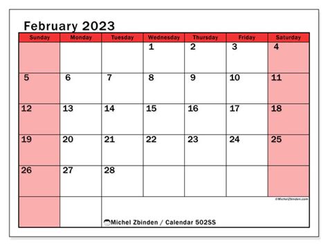 February 2023 Printable Calendar “502ss” Michel Zbinden Uk