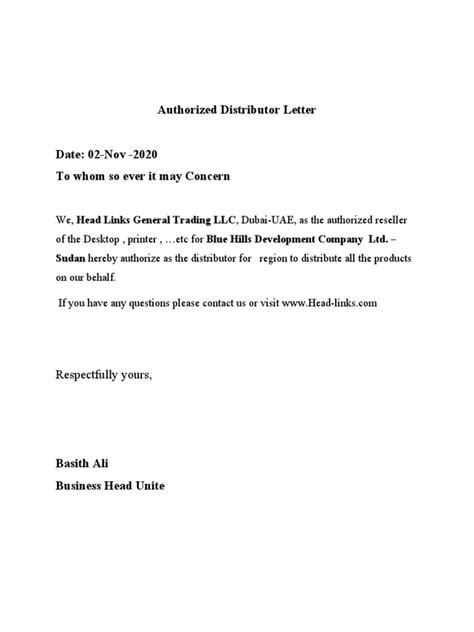 Authorized Distributor Letter Pdf