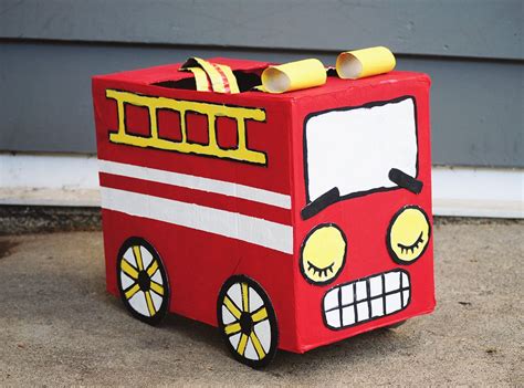 Adorable Cardboard Box Fire Truck And Paper Bag Burning Building