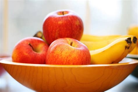 Apples And Bananas In A Wooden Bowl Stock Image Image Of Healthy