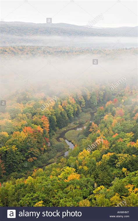 Foggy Fall Color Morning At The Lake Of The Clouds Overlook In Stock