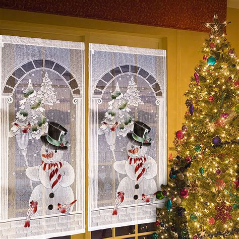 Christmas Curtains White Lace Snowman Window Door Xmas Decor Home Party