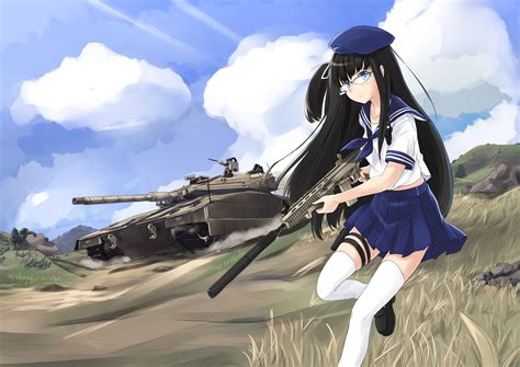 Wallpaper Gun Long Hair Anime Girls Glasses Weapon Tank Merkava