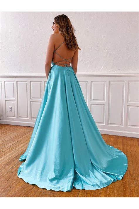 A Line Spaghetti Straps V Neck Long Prom Dresses Formal Evening Gowns With Pockets 601850