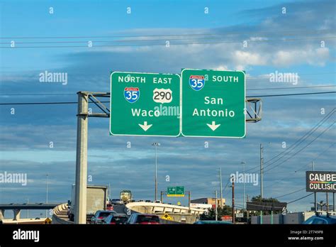 Austin, USA - November 2, 2023: traffic sign waco and san Antonio in
