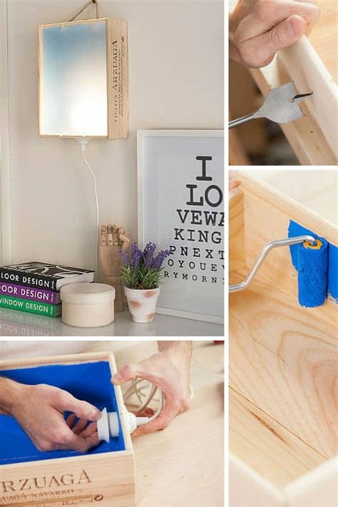 En el caso de que el corcho se seque, el tapón tendería a encogerse, por lo que podría entrar aire en la botella y favorecer una oxidación prematura del vino. Lámpara de pared con una caja de vino | Cajas de vino ...