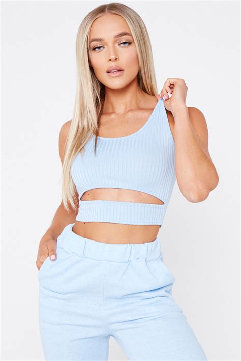 Blue Cut Out Front Rib Knit Crop Top