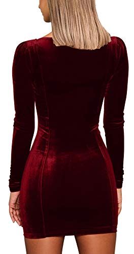 Gobles Womens Sexy Velvet Long Sleeve Bodycon Elegant Mini Party Dress Wine Red Apparel