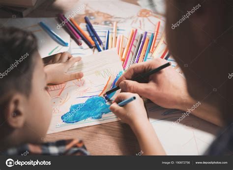 Father Son Drawing Colorful Pencils Paper Home Stock Photo By