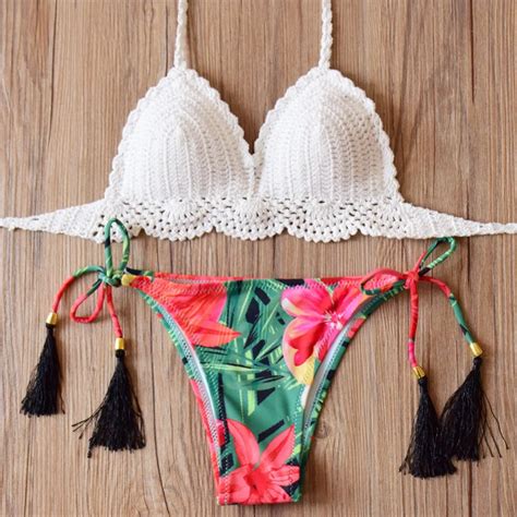 2019 Crochet Bikini Set Pure Handmade Top Sexy Swimwear Women Floral Print Biquini Swimsuit Push