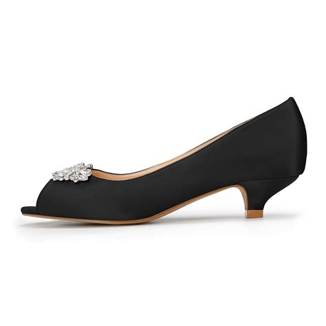 Erijunor E0111 Women Comfort Low Kitten Heels Rhinestones Peep Toe Wedding Evening Party Shoes