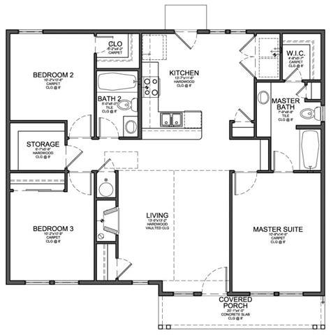 Floor Plan For Small 1 200 Sf House With 3 Bedrooms And 2 Bathrooms