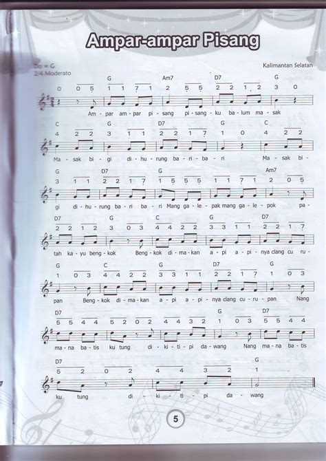 Notasi Angka dan Balok Lagu "Ampar-Ampar Pisang"