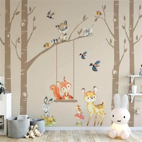 Woodland Nursery Decor 4 Birch Trees Forest Animals Fox Deer Raccoon