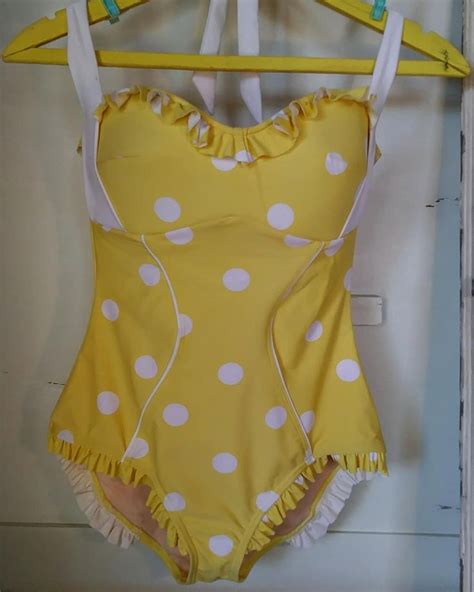 Retro 50s Style Unique Vintage Brand Swimsuit Yellow Polka Dot One