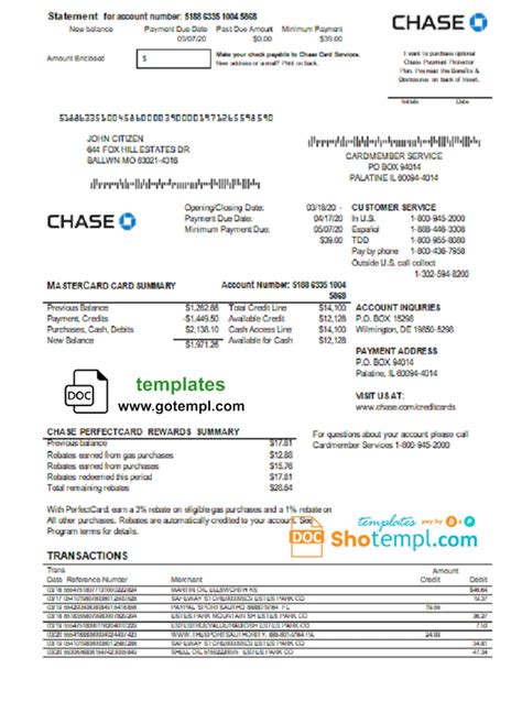 Usa Chase Bank Credit Card Statement Template Statement Template Credit Card Statement Chase